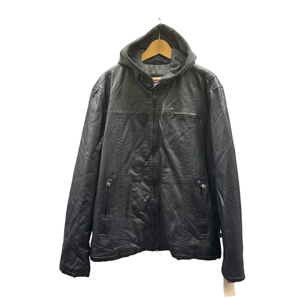 Size XXL - Levis Faux Leather Hooded Jacket Black XXL Full Zip Pockets LMU-6264